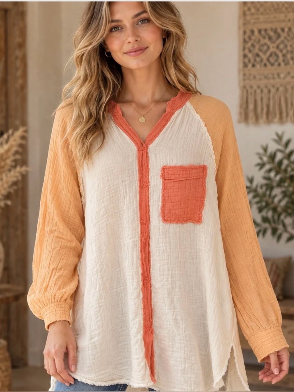 Aerie Relaxed Colorblock Button-Front Women's Top - Cream & Orange in EUC